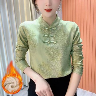 加绒2025冬季立领印花盘扣国风上衣百搭长袖减龄遮肉打底衫太太
