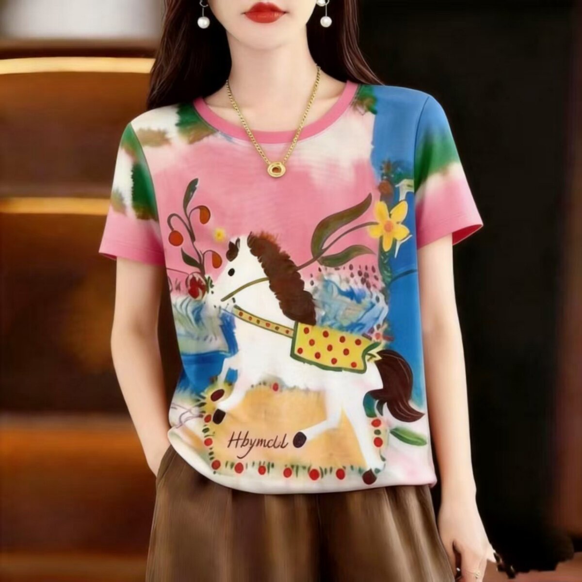 新款韩版彩色小马图案印花短袖圆领女T恤夏季百搭减龄休闲女上衣图片