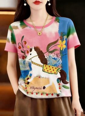 新款韩版彩色小马图案印花短袖圆领女T恤夏季百搭减龄休闲女上衣