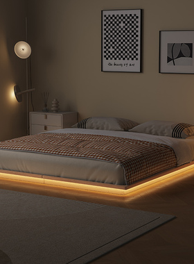 实木日式榻榻米地台架子感应彩灯带悬浮矮床简约酒店无床头排骨架