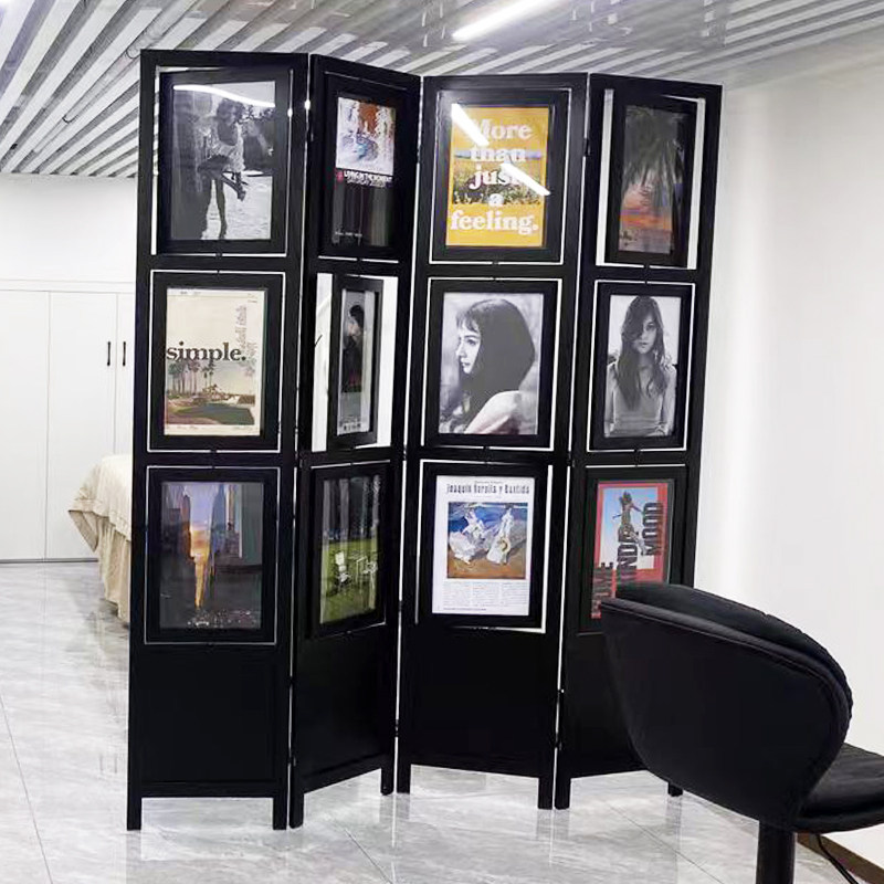 美式实木移动高端隔断客厅黑色简约旋转相框屏风玄关入户遮挡橱窗