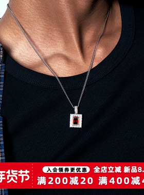 KREAM 925银方牌 红绿紫石吊坠男项链情侣欧美嘻哈潮流女礼物轻奢