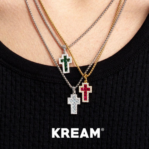 KREAM 925银 绿白红钻闪亮锆石十字吊坠男嘻哈项链女欧美潮流情侣