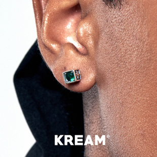 KREAM 925银复古方绿钻做旧十字耳钉男嘻哈女欧美潮流轻奢时尚