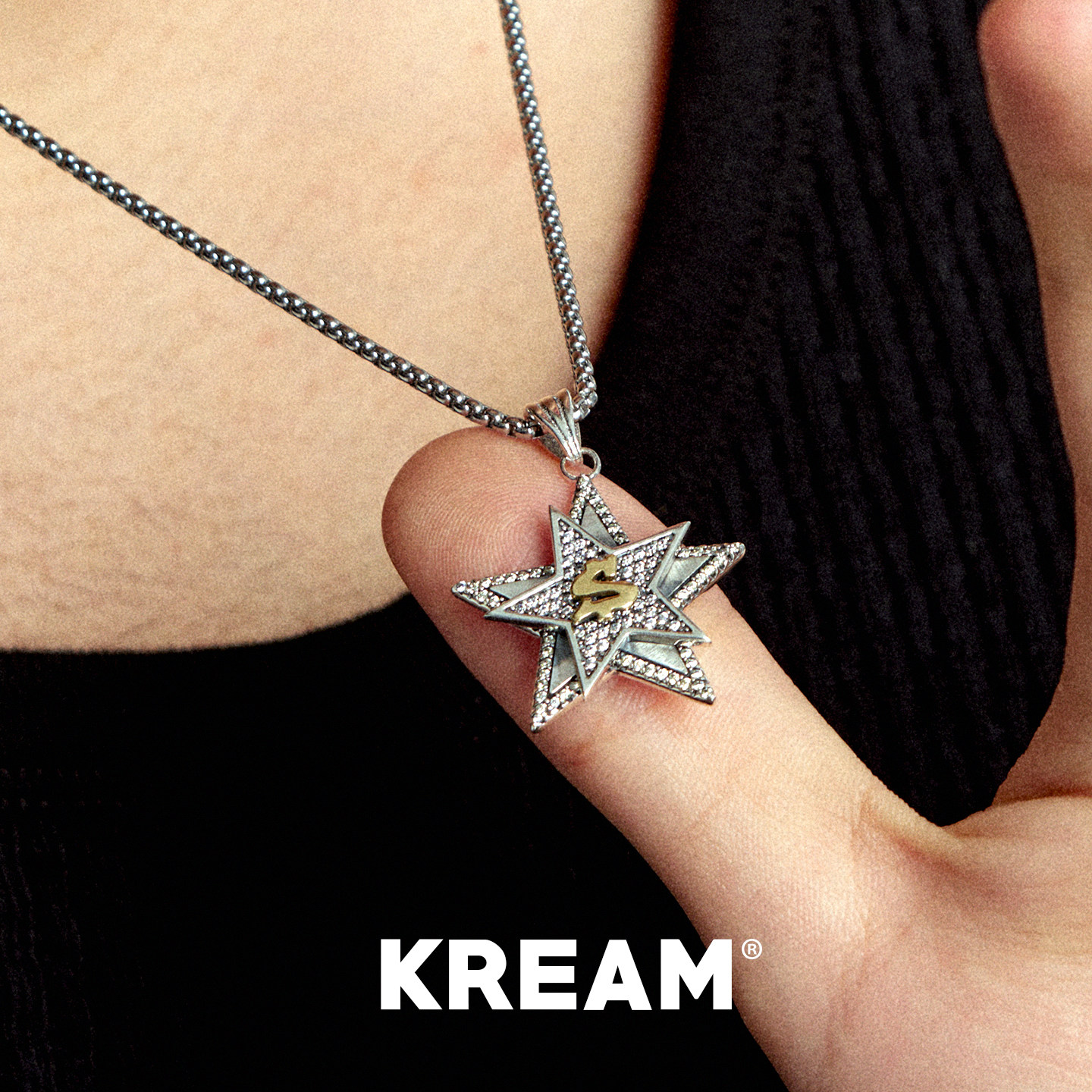 KREAM 925银 满钻旋转五角星吊坠男欧美潮流女项链嘻哈锁骨链