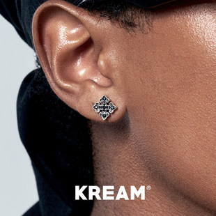 KREAM 925银复古黑白钻花十字耳钉男嘻哈女欧美潮流情侣耳饰礼物