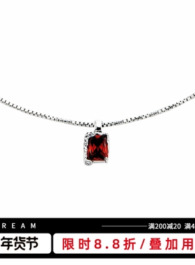 KREAM 通体925银 做旧熔岩纹方形红钻项链男嘻哈女毛衣锁骨链情侣