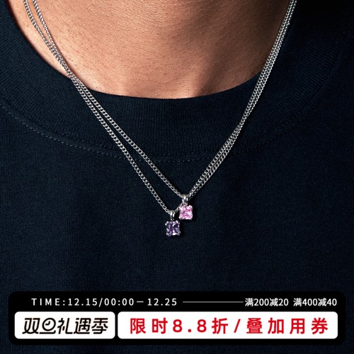 KREAM 925银彩色锆石吊坠男嘻哈女欧美潮流项链情侣锁骨毛衣链