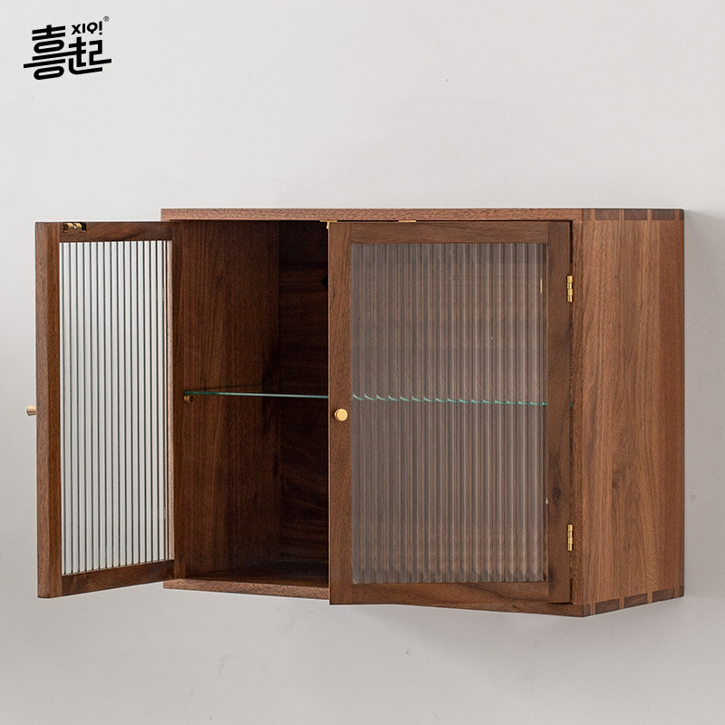 黑胡桃实木壁挂式展示柜 防尘透明水杯茶杯模型收纳盒吊柜壁柜