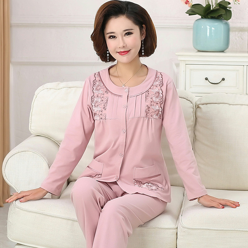 妈妈睡衣女秋纯棉长袖婆婆春秋薄款开衫冬中老年人圆领套装家居服