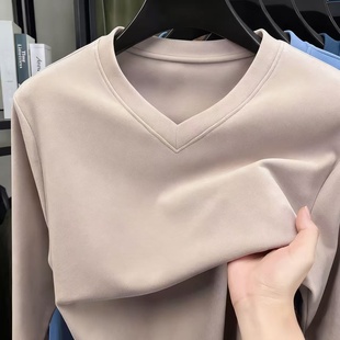 双面德绒打底衫男休闲保暖磨毛长袖t恤V领套头上衣秋冬季纯色内搭