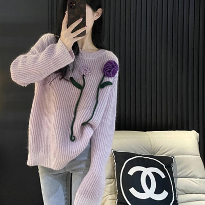 高级感超好看的欧货重工漂亮浅紫色立体花朵针织衫毛衣外套女早春