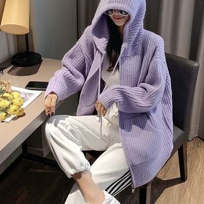 香芋紫毛衣外套女早秋春新款韩版中长款上衣洋气连帽针织开衫爆款