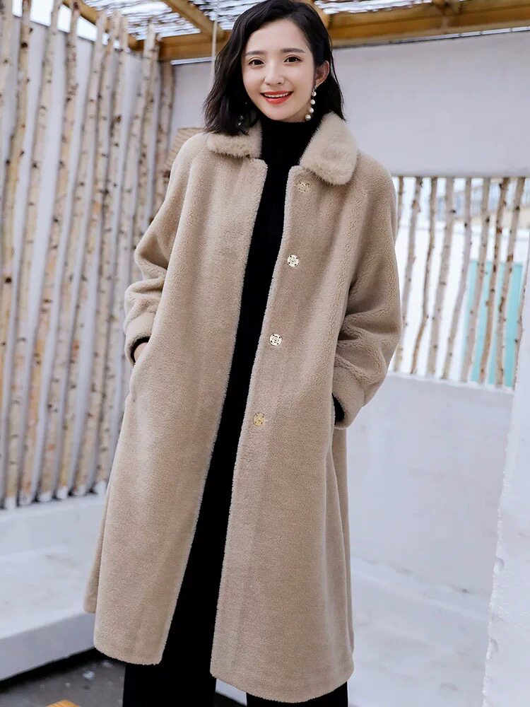 小码福利羊剪绒大衣女冬季水貂领海宁皮毛一体皮草外套修身中长款