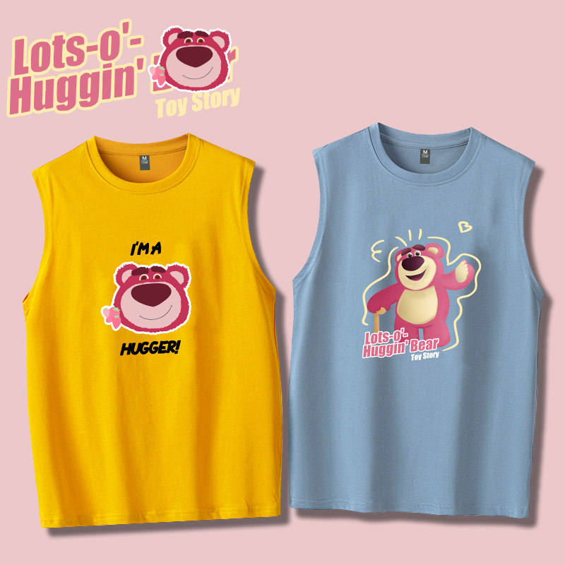 迪士尼玩具总动员3草莓熊运动纯棉无袖T恤衫情侣装可定制大码背心