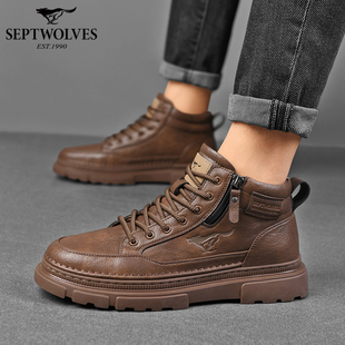 七匹狼男士高帮鞋英伦风机车靴百搭马丁靴棕色中帮休闲鞋厚底男款
