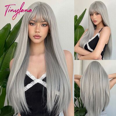 Long Straight Silver Ash Gray Synthetic Wigs Lolita Cosplay