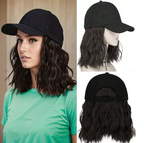 Hat Wig for Women, Short Wave Baseball Cap Wig with Curly Sy
