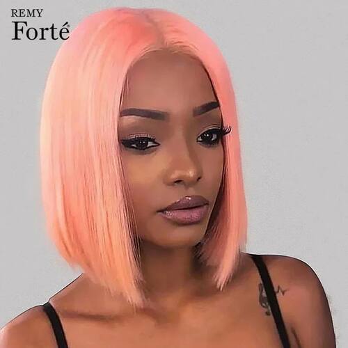 Pink Bob Short Cut Wigs Blonde Straight Lace Front Human Hai