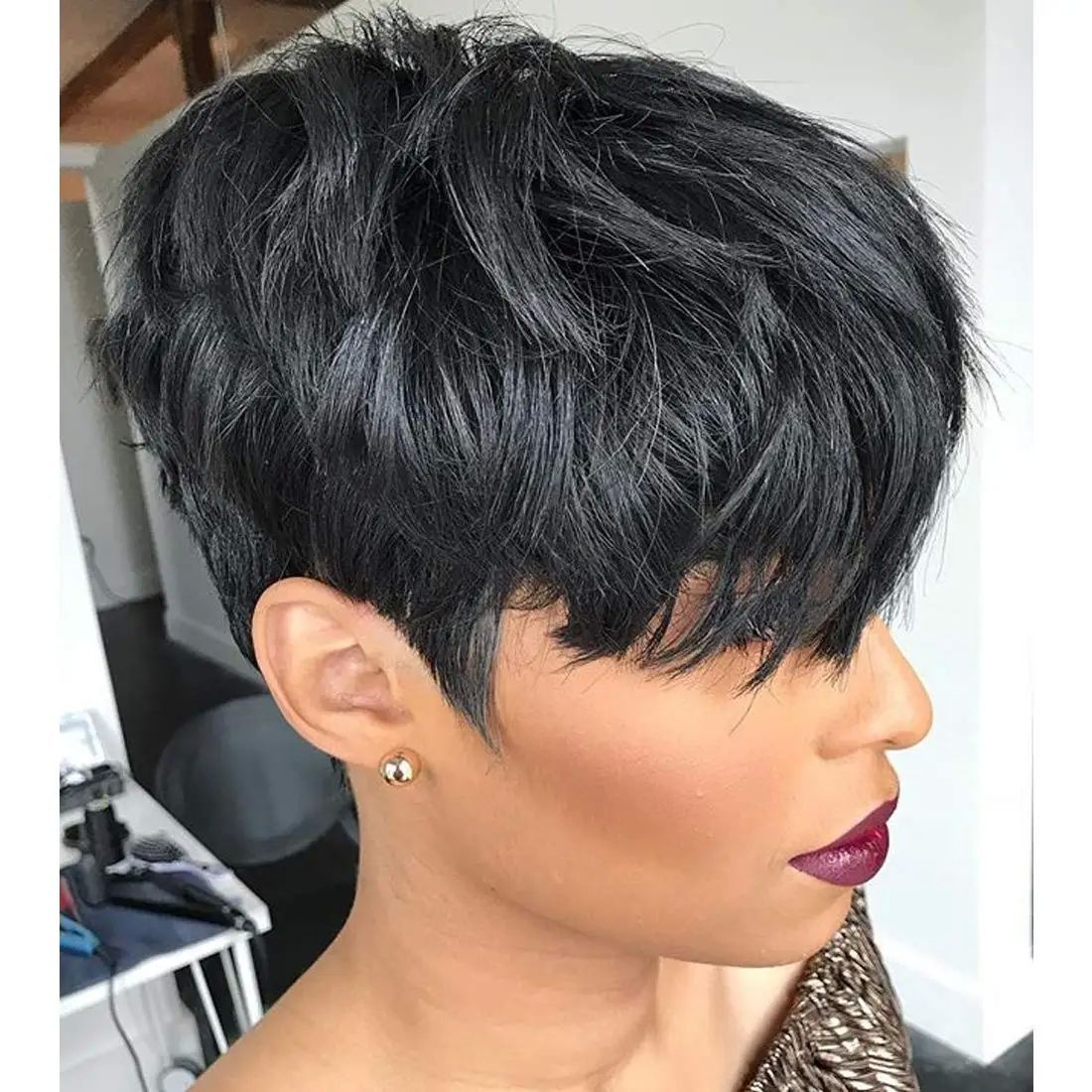 DIFEI Black Synthetic Short Wigs Pixie Cut Wigs with Bangs S