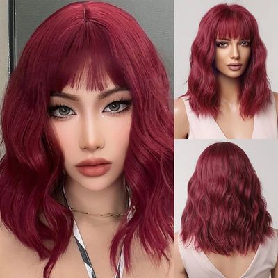 Women‘s Short Bob Synthetic Wigs Wine Red Cosplay Wig With