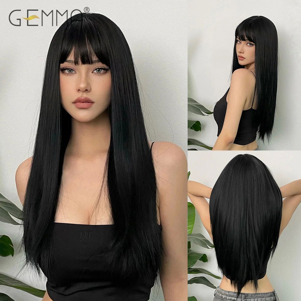 Long Straight Synthetic Wig Black Daily Use Wigs with Bangs