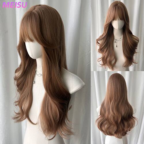 MEISU Brown Curly Wave Wigs Bangs 26 Inch  Fiber Synthetic H