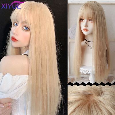 XIYUE Long Natural Wavy Platinum Blonde Wigs With Bangs Cosp