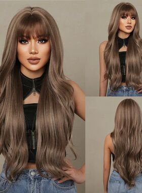HAIRCUBE Brown Mixed Blonde Synthetic Wigs with Bang Long Na