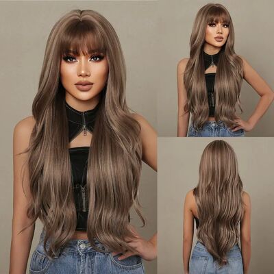 HAIRCUBE Brown Mixed Blonde Synthetic Wigs with Bang Long Na