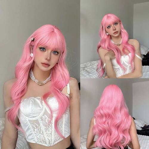Light Pink Synthetic Hair Wigs Long Wavy Natural Hair Wigs w