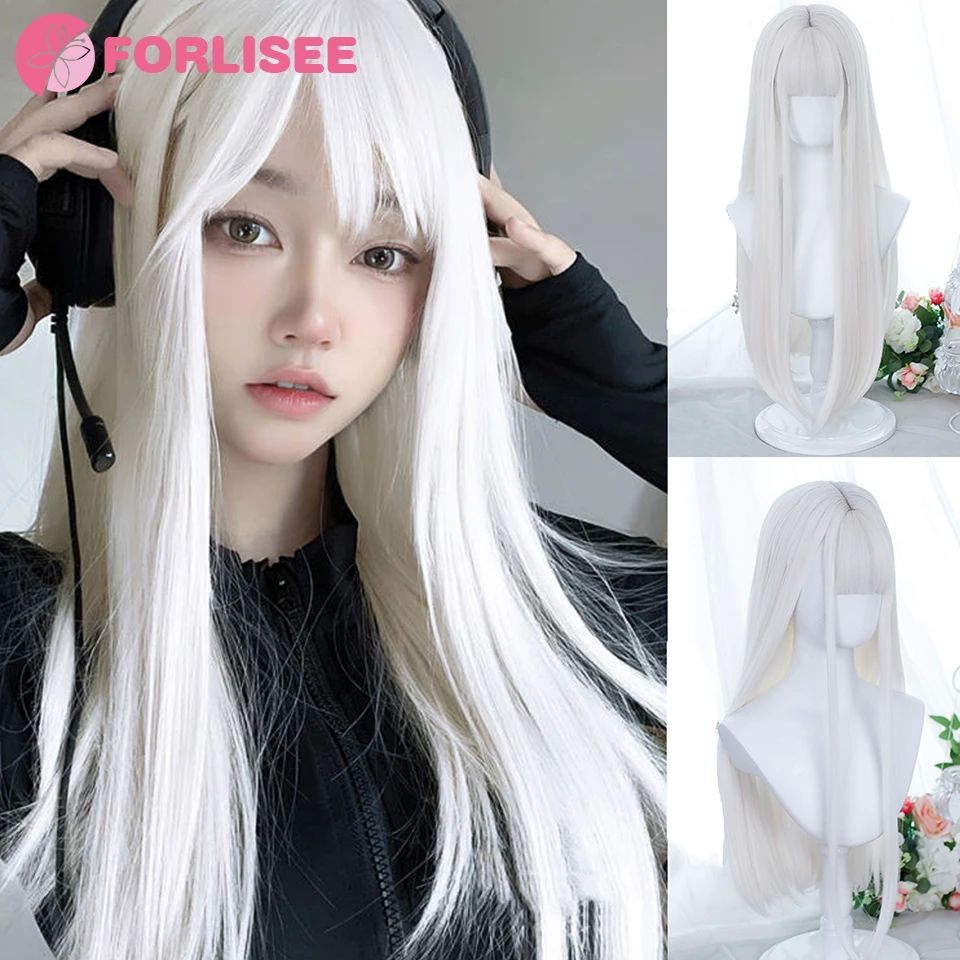 FORLISEE White Wig Women's Long Hair Full Head Cover Lolita
