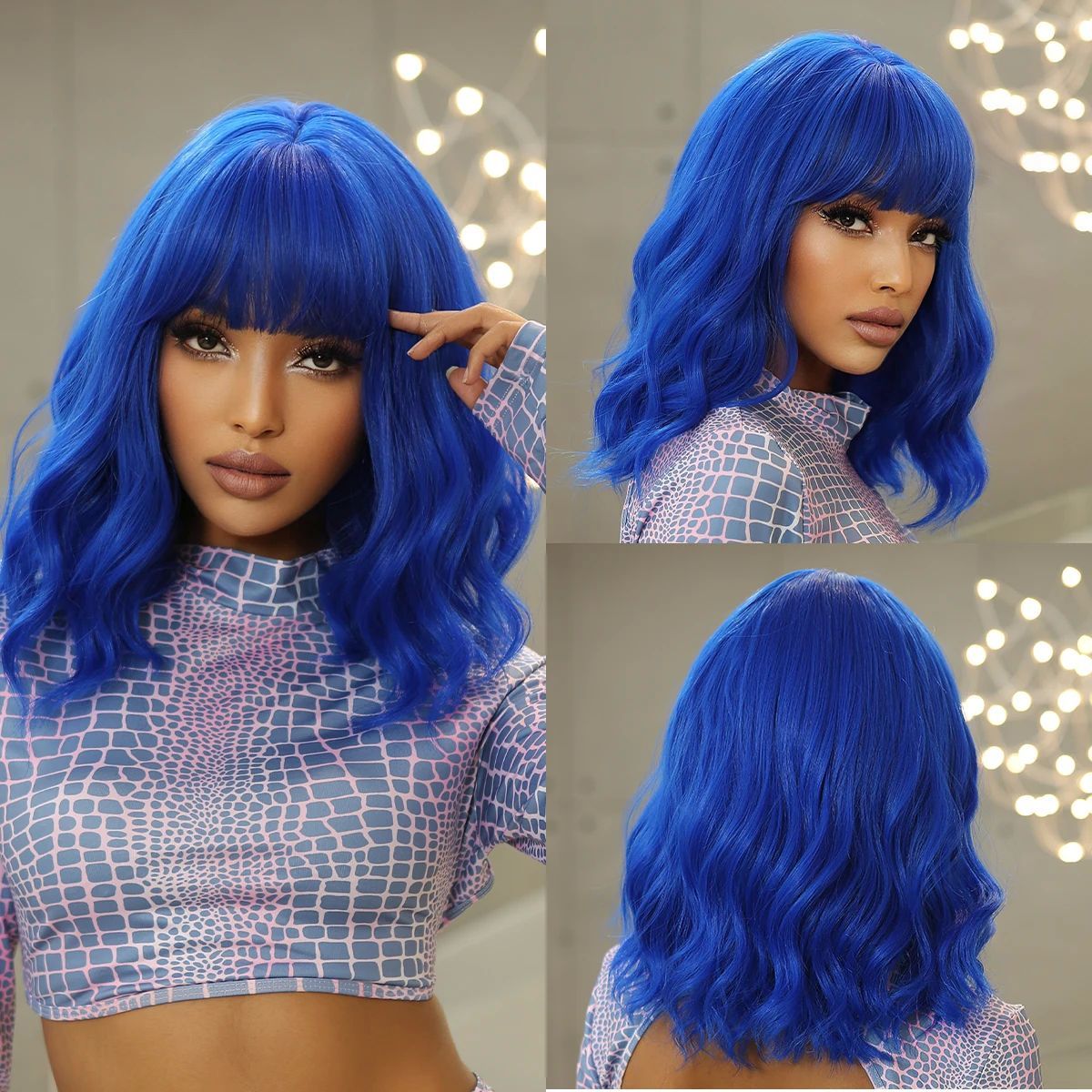 Blue Short Bob Cosplay Lolita Synthetic Wigs Water Wavy Hair
