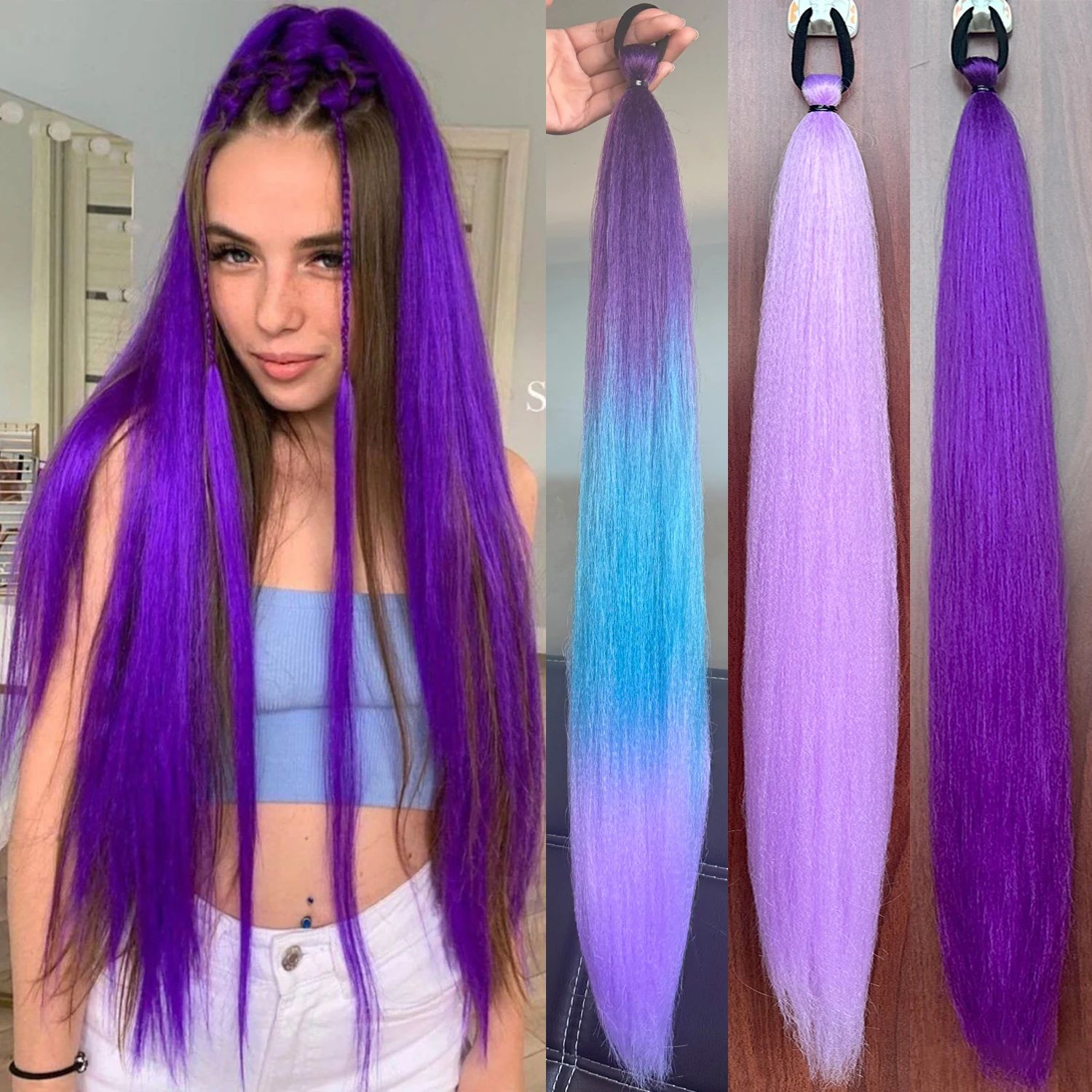 Synthetic Purple Ponytail Extension with Rubber Band Long St