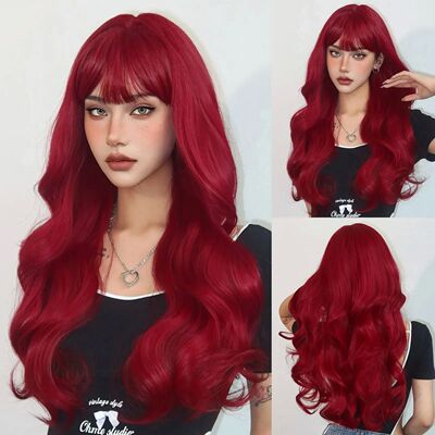 Wine Red Synthetic Wigs Long Wavy Natural Hair Wigs with Ban
