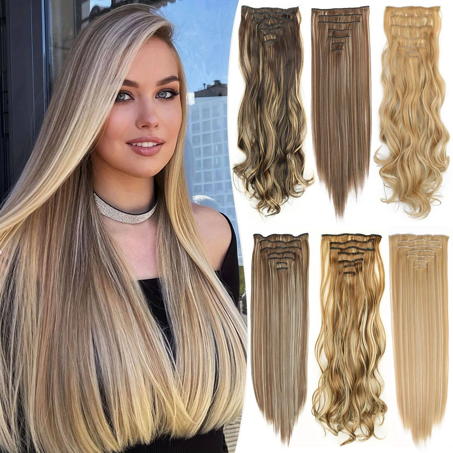 Long Straight Hairstyle 16 Clips 7Pcs/Set Hair Extensions Na