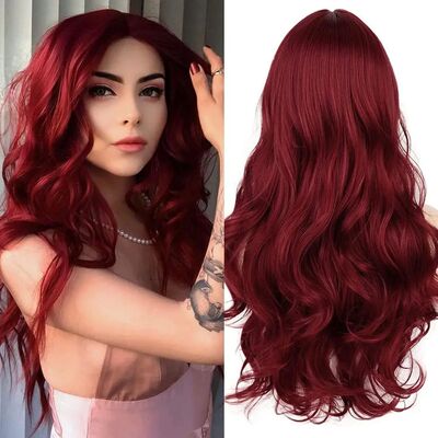 Burgundy Synthetic Wig Ladies Middle Part Natural Large Wave