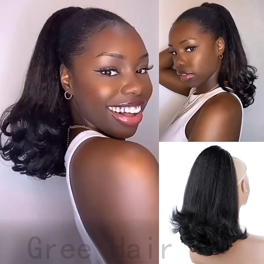 16Inch Synthetic Nature Black Drawstring Ponytails for Black