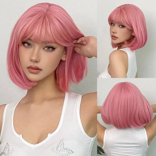 Short Straight Bob Synthetic Wigs Pink Natural Hair Wig with