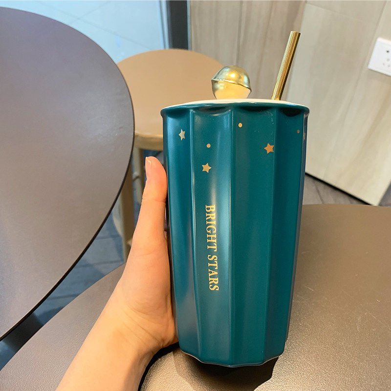 便携简约精美陶瓷水杯女夏季带吸管大气可爱大容量牛奶杯咖啡杯