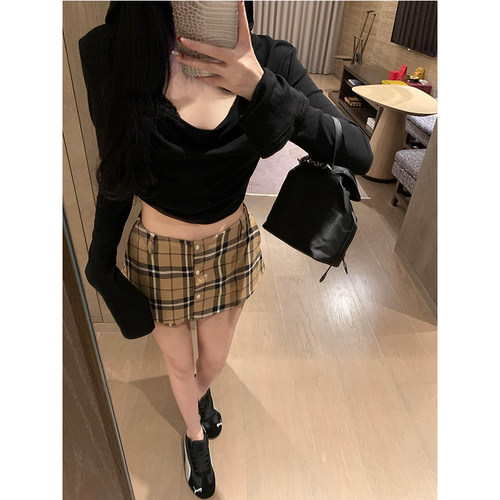 TYST咖色复古格纹半身裙女夏款高腰单排扣拼色撞色格子裤裙短裙子