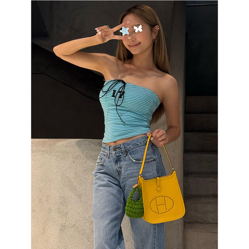 TYST纯欲风夏日美式辣妹条纹性感撞色修身显瘦挂脖抹胸背心春夏