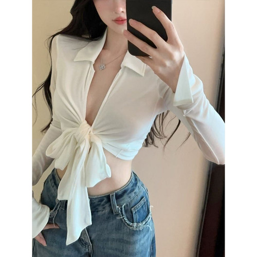 TYST性感辣妹白色短款polo领长袖打底衫女别致短款深v领上衣气质