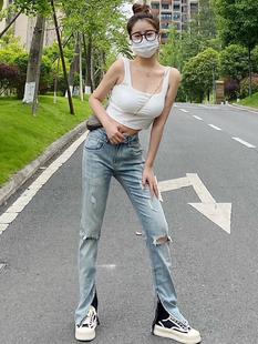 TYST辣妹风膝盖破洞牛仔裤女破坏高街裤子弹力春夏百搭乞丐破洞裤