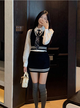 TYST学院风V领针织外搭马甲背心女领带长袖衬衫小个子三件套套装