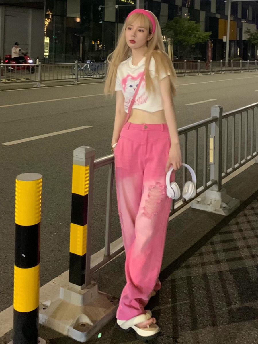 TYST重工水洗甜酷粉色破洞直筒牛仔裤女显瘦百搭宽松垂感休闲长裤