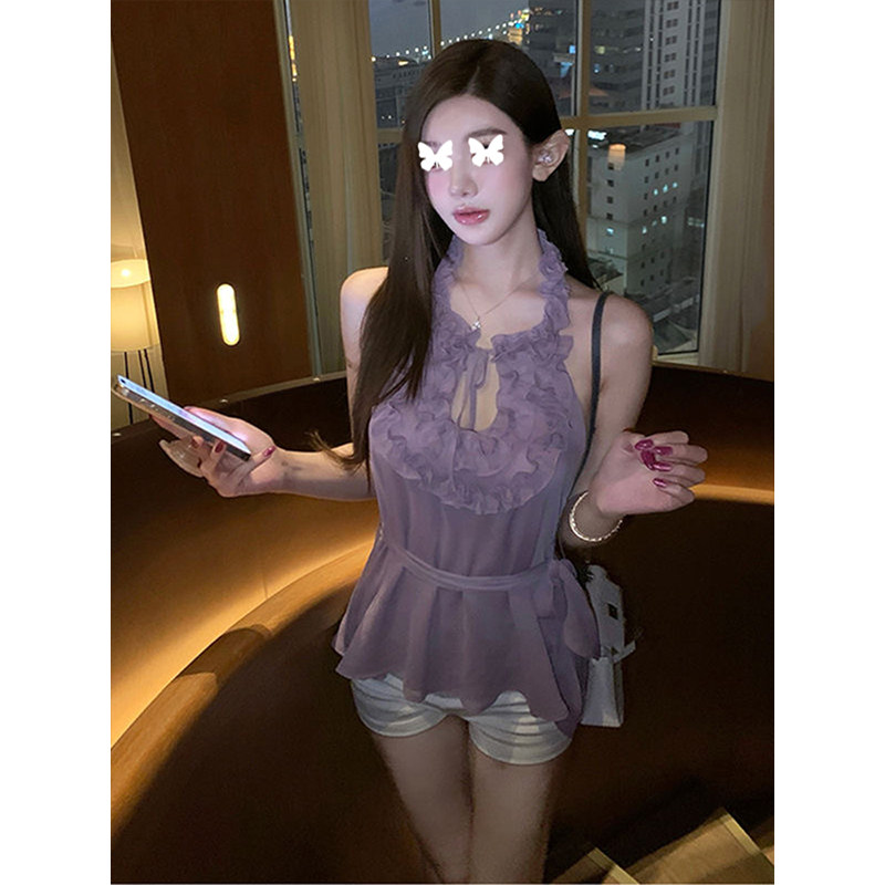 TYST紫色纯欲木耳荷叶边捏褶镂空挂脖绑带无袖背心吊带雪纺小衫女