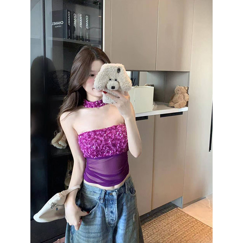 TYST法式气质亮片拼接抹胸背心女装春季小众修身短款无袖上衣显瘦,女装/女士精品,背心吊带,淘宝优惠券,粉丝福利购,淘宝优惠卷