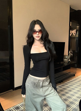 TYST美式辣妹黑色方口领长袖T恤女紧身收腰打底衫修身百搭上衣ins