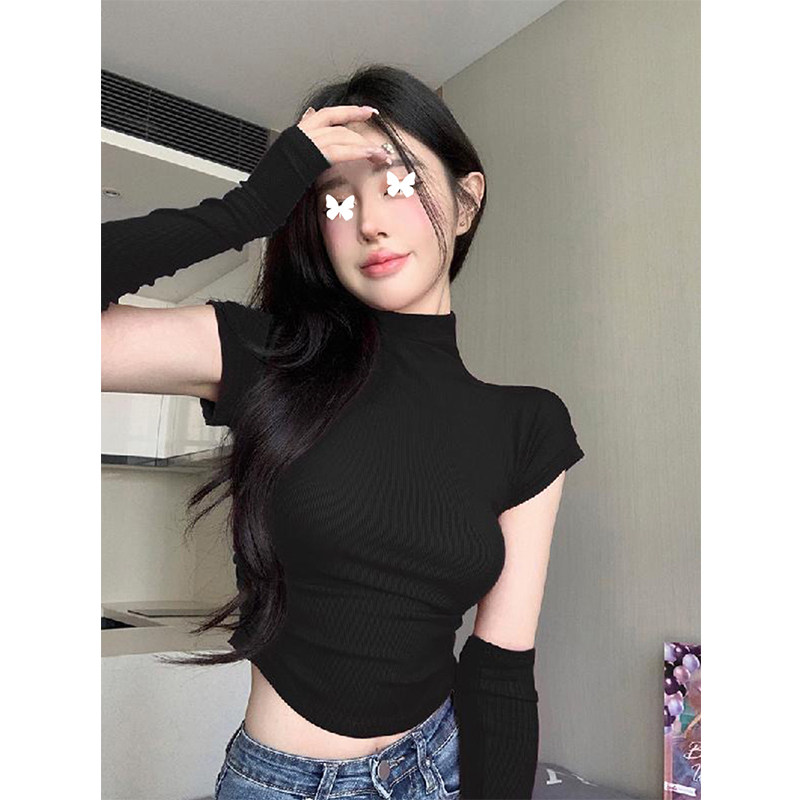 TYST纯欲辣妹小高领短款T恤女玫红色修身内搭打底衫两截袖上衣